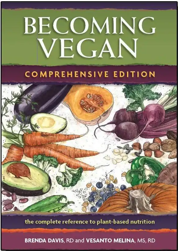 Vegan nutrition guide with vegetables and plant-based foods.