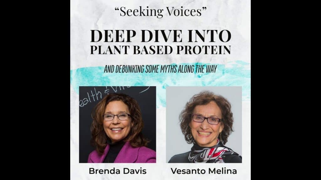 Two women discussing plant-based protein myths in a podcast setting.