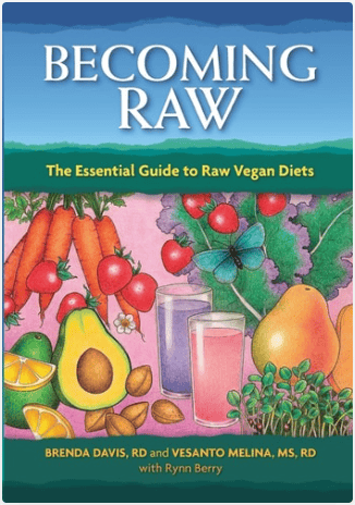 Cover of "Becoming Raw," a guide to raw vegan diets with fresh fruits and vegetables.