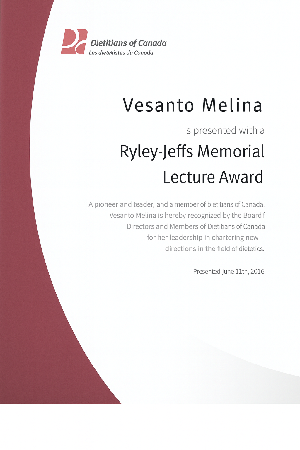 Ryley-Jeffs Memorial Lecture Award, Dietitians of Canada