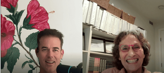 Two people smiling during a split-screen video call