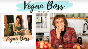 Vegan Boss Radio graphic featuring two women and fresh produce